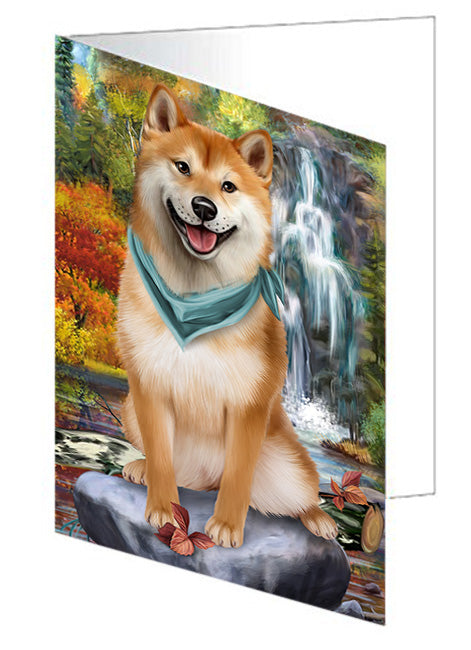 Scenic Waterfall Shiba Inu Dog Handmade Artwork Assorted Pets Greeting Cards and Note Cards with Envelopes for All Occasions and Holiday Seasons GCD52562
