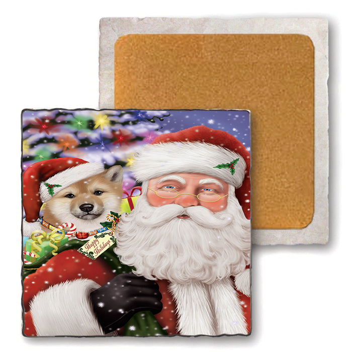Santa Carrying Shiba Inu Dog and Christmas Presents Set of 4 Natural Stone Marble Tile Coasters MCST49018
