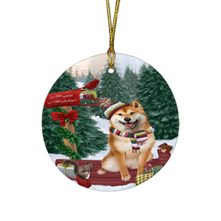 Merry Christmas Woodland Sled Shiba Inu Dog Round Flat Christmas Ornament RFPOR55391