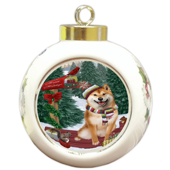Merry Christmas Woodland Sled Shiba Inu Dog Round Ball Christmas Ornament RBPOR55391