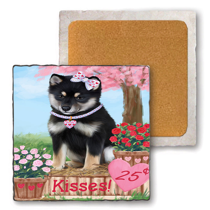 Rosie 25 Cent Kisses Shiba Inu Dog Set of 4 Natural Stone Marble Tile Coasters MCST51031
