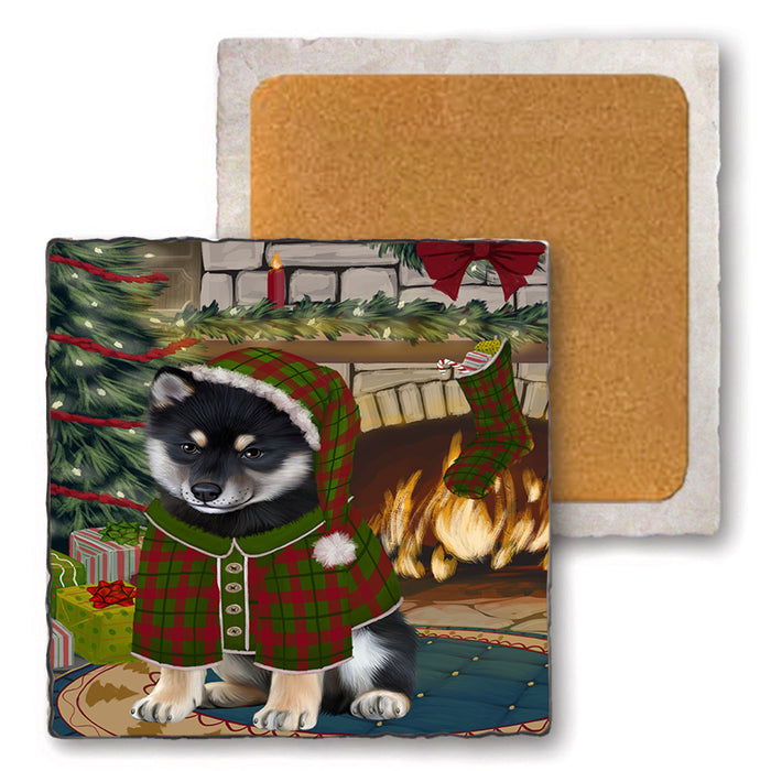 The Stocking was Hung Shiba Inu Dog Set of 4 Natural Stone Marble Tile Coasters MCST50614
