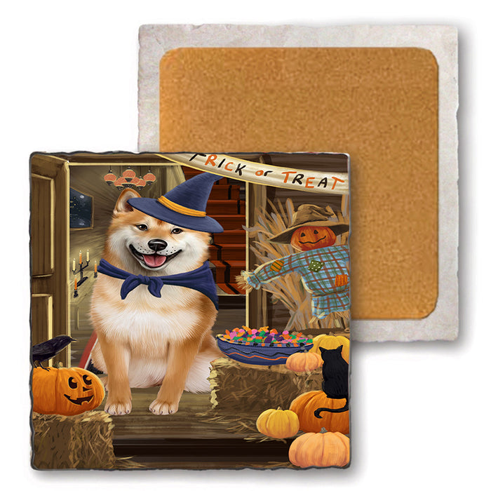 Enter at Own Risk Trick or Treat Halloween Shiba Inu Dog Set of 4 Natural Stone Marble Tile Coasters MCST48284