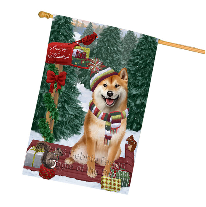 Merry Christmas Woodland Sled Shiba Inu Dog House Flag FLG55464