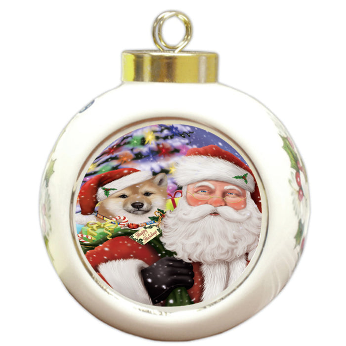 Santa Carrying Shiba Inu Dog and Christmas Presents Round Ball Christmas Ornament RBPOR54018