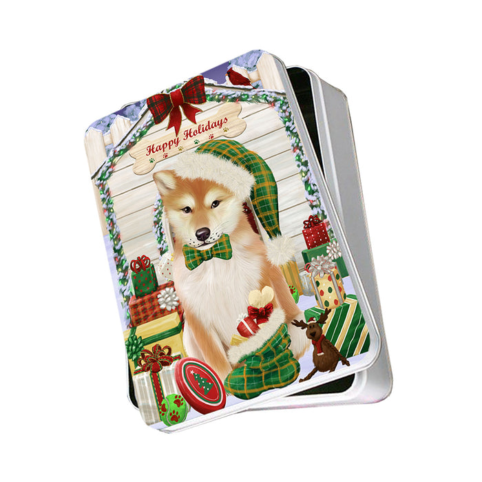 Happy Holidays Christmas Shiba Inu Dog House With Presents Photo Storage Tin PITN51504