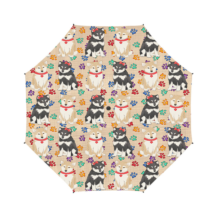 Rainbow Paw Print Shiba Inu Dogs Red Semi-Automatic Foldable Umbrella