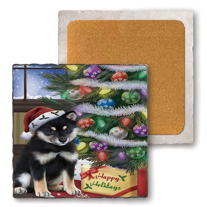 Christmas Happy Holidays Shiba Inu Dog with Tree and Presents Set of 4 Natural Stone Marble Tile Coasters MCST48860