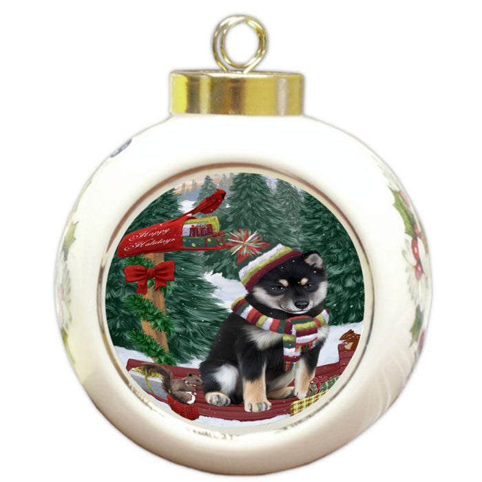 Merry Christmas Woodland Sled Shiba Inu Dog Round Ball Christmas Ornament RBPOR55392
