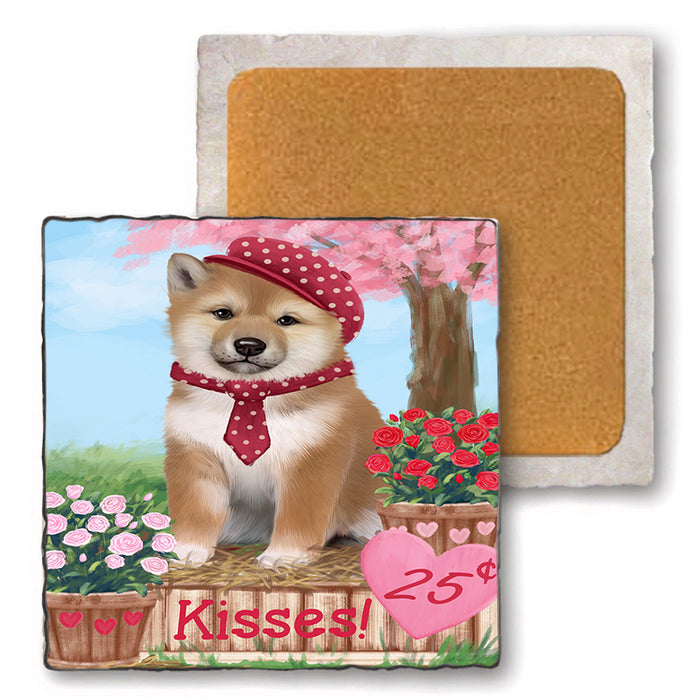 Rosie 25 Cent Kisses Shiba Inu Dog Set of 4 Natural Stone Marble Tile Coasters MCST51032