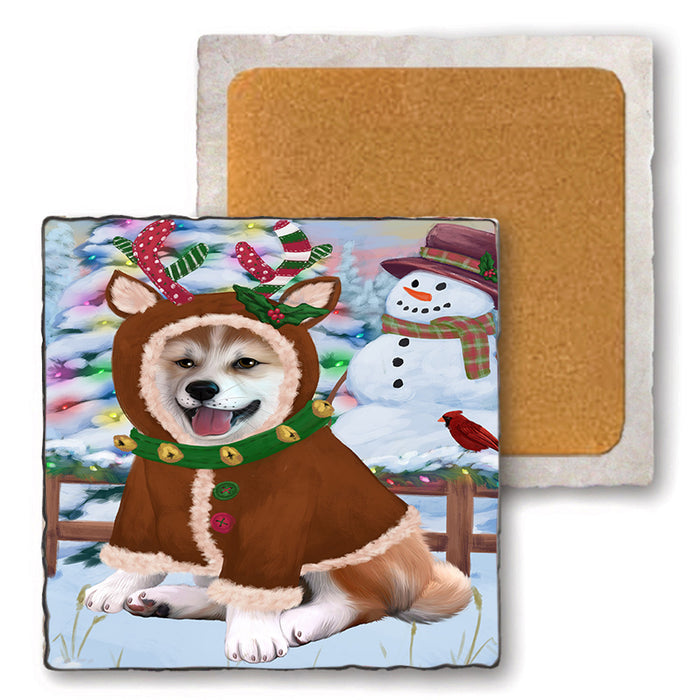 Christmas Gingerbread House Candyfest Shiba Inu Dog Set of 4 Natural Stone Marble Tile Coasters MCST51549