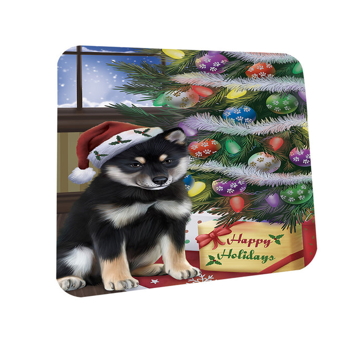 Christmas Happy Holidays Shiba Inu Dog with Tree and Presents Coasters Set of 4 CST53818