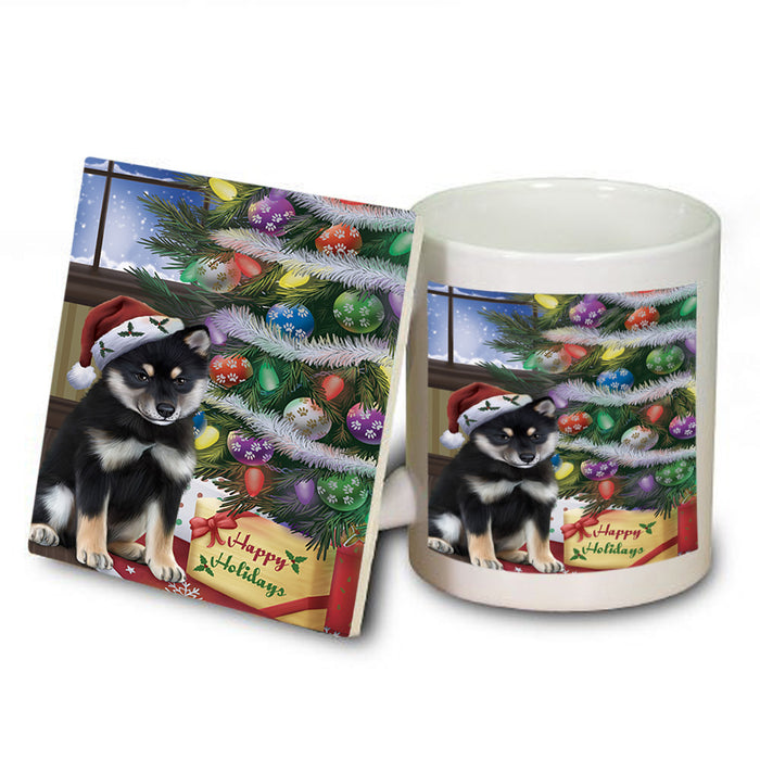 Christmas Happy Holidays Shiba Inu Dog with Tree and Presents Mug and Coaster Set MUC53852