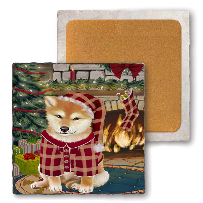 The Stocking was Hung Shiba Inu Dog Set of 4 Natural Stone Marble Tile Coasters MCST50615