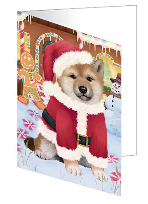 Christmas Gingerbread House Candyfest Shiba Inu Dog Handmade Artwork Assorted Pets Greeting Cards and Note Cards with Envelopes for All Occasions and Holiday Seasons GCD74165