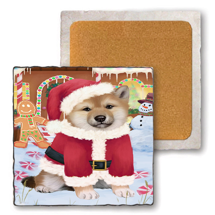 Christmas Gingerbread House Candyfest Shiba Inu Dog Set of 4 Natural Stone Marble Tile Coasters MCST51550