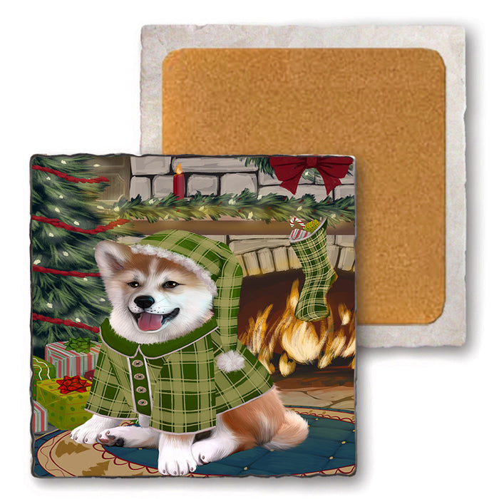 The Stocking was Hung Shiba Inu Dog Set of 4 Natural Stone Marble Tile Coasters MCST50616
