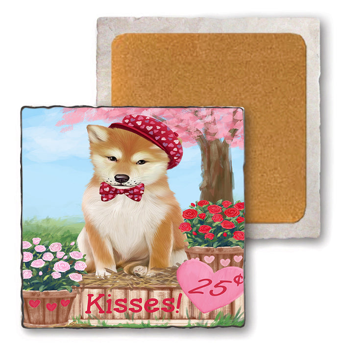 Rosie 25 Cent Kisses Shiba Inu Dog Set of 4 Natural Stone Marble Tile Coasters MCST51033