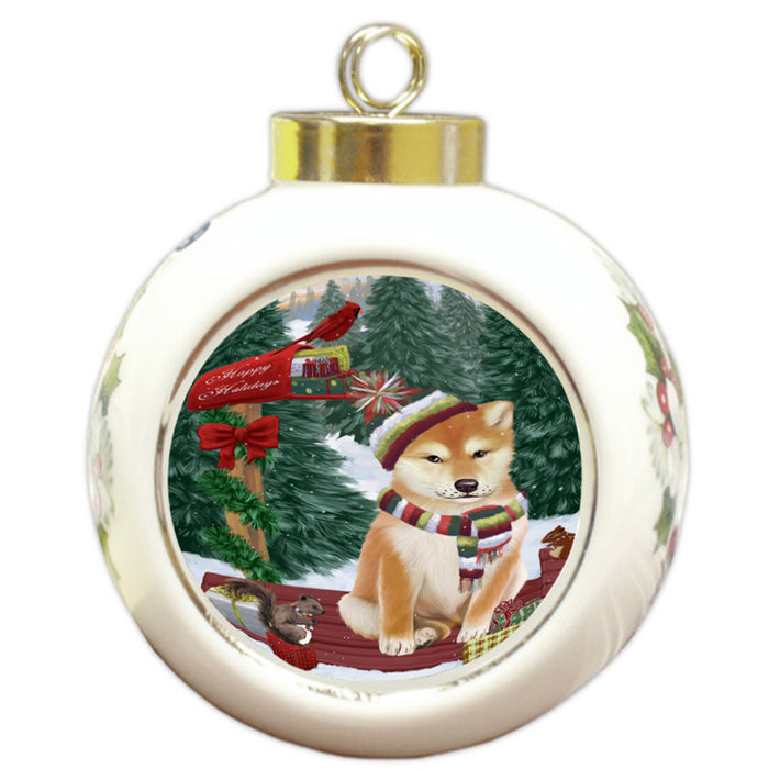 Merry Christmas Woodland Sled Shiba Inu Dog Round Ball Christmas Ornament RBPOR55393
