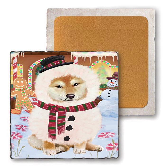 Christmas Gingerbread House Candyfest Shiba Inu Dog Set of 4 Natural Stone Marble Tile Coasters MCST51551