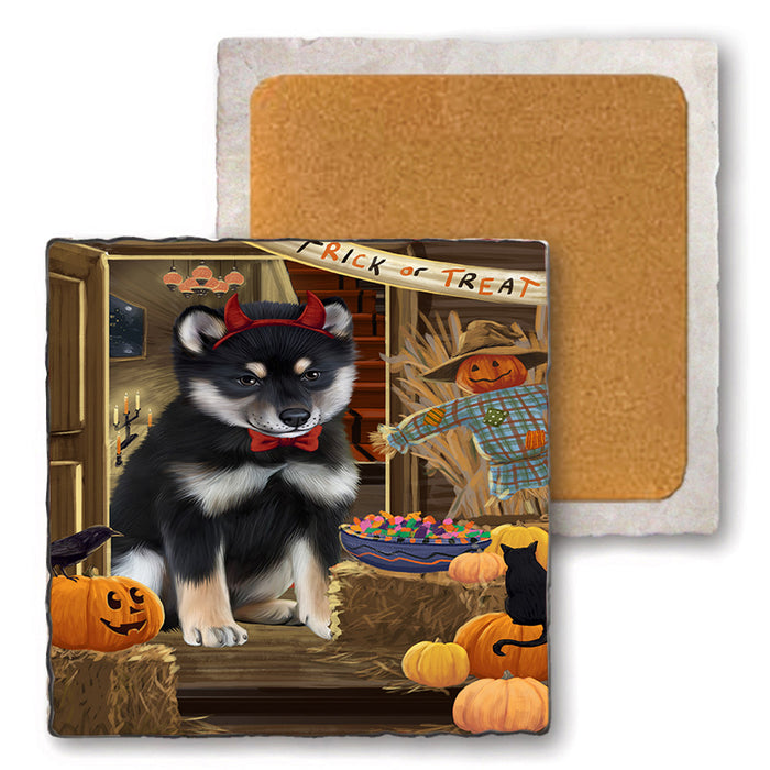 Enter at Own Risk Trick or Treat Halloween Shiba Inu Dog Set of 4 Natural Stone Marble Tile Coasters MCST48287