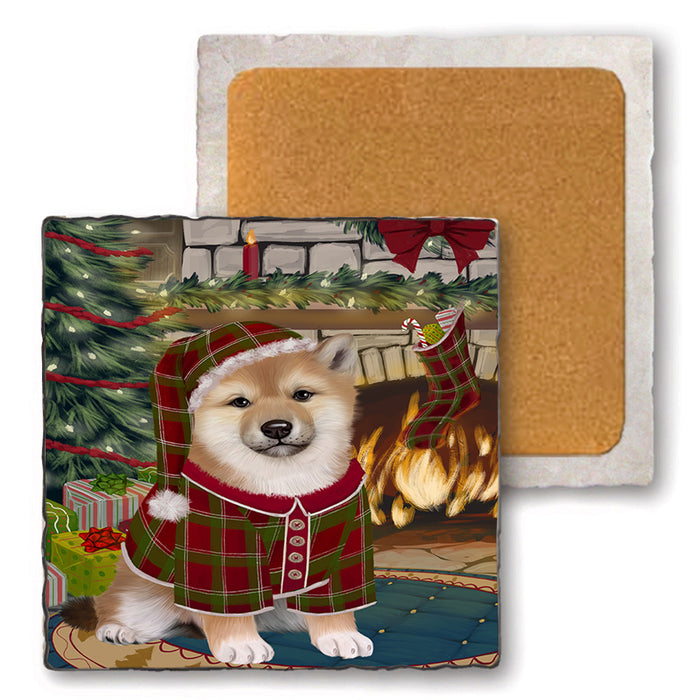 The Stocking was Hung Shiba Inu Dog Set of 4 Natural Stone Marble Tile Coasters MCST50617