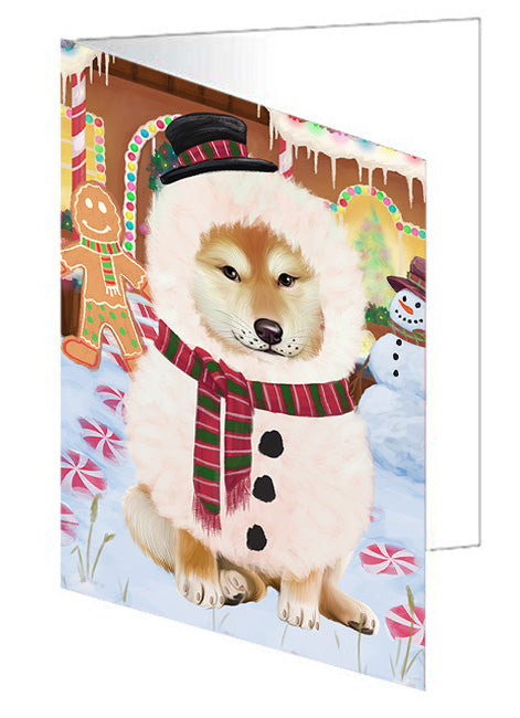 Christmas Gingerbread House Candyfest Shiba Inu Dog Handmade Artwork Assorted Pets Greeting Cards and Note Cards with Envelopes for All Occasions and Holiday Seasons GCD74168