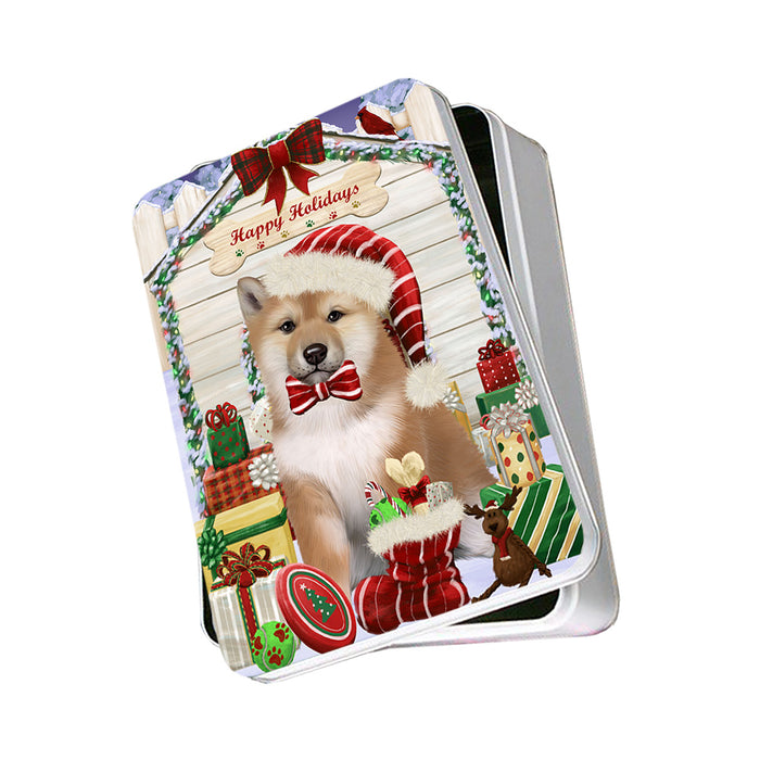 Happy Holidays Christmas Shiba Inu Dog House With Presents Photo Storage Tin PITN51507