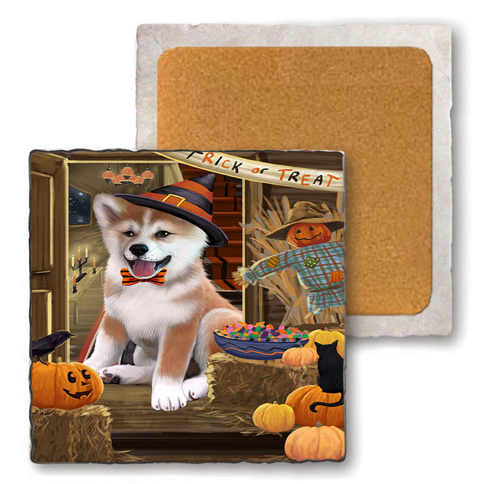Enter at Own Risk Trick or Treat Halloween Shiba Inu Dog Set of 4 Natural Stone Marble Tile Coasters MCST48288