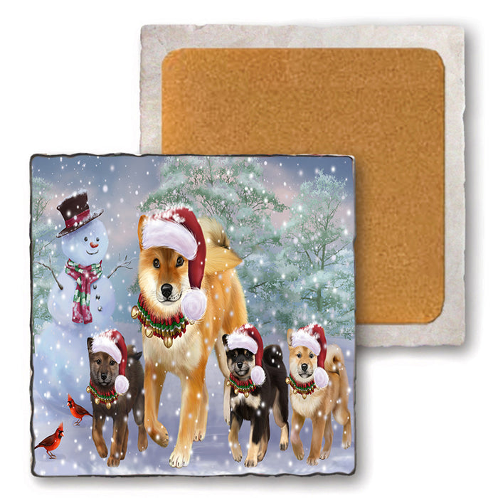 Christmas Running Family Shiba Inu Dogs Set of 4 Natural Stone Marble Tile Coasters MCST52138