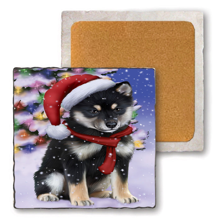 Winterland Wonderland Shiba Inu Dog In Christmas Holiday Scenic Background  Set of 4 Natural Stone Marble Tile Coasters MCST48421