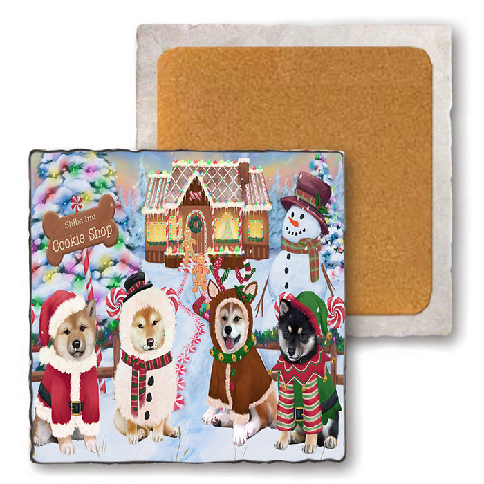 Holiday Gingerbread Cookie Shop Shiba Inus Dog Set of 4 Natural Stone Marble Tile Coasters MCST51620