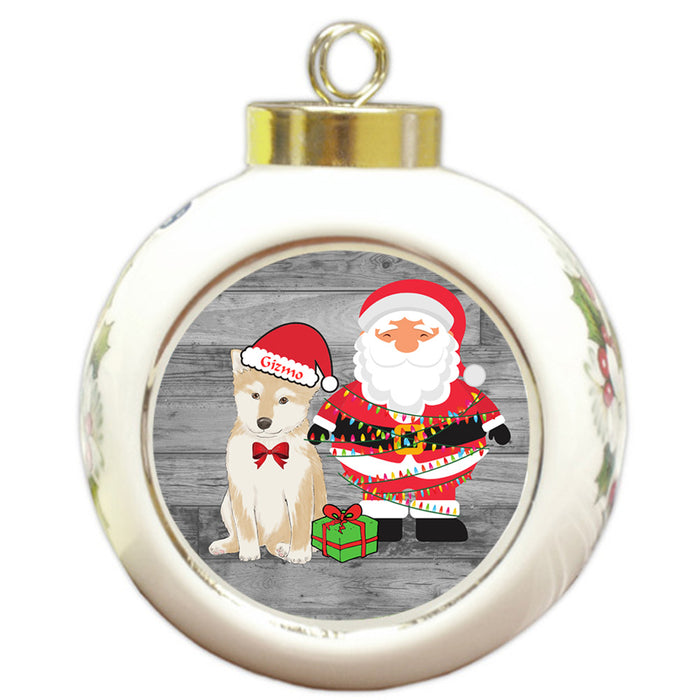 Custom Personalized Shiba Inu Dog With Santa Wrapped in Light Christmas Round Ball Ornament