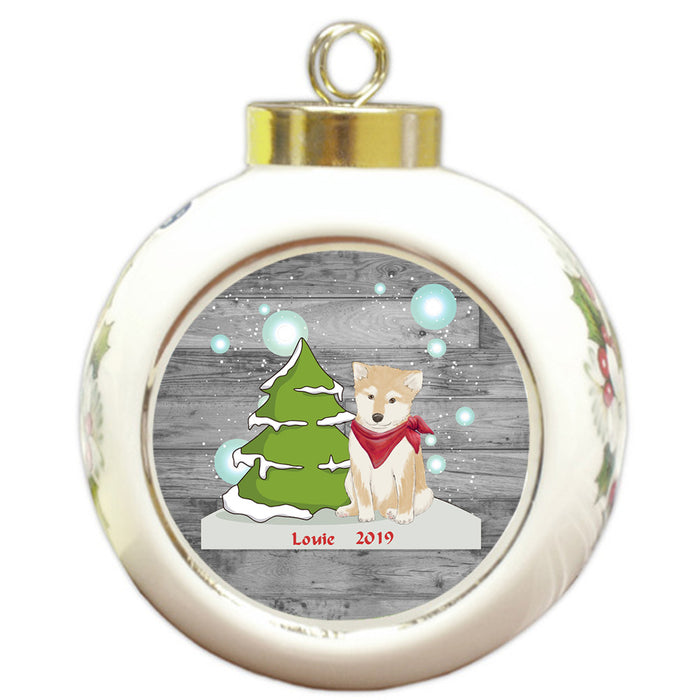 Custom Personalized Winter Scenic Tree and Presents Shiba Inu Dog Christmas Round Ball Ornament