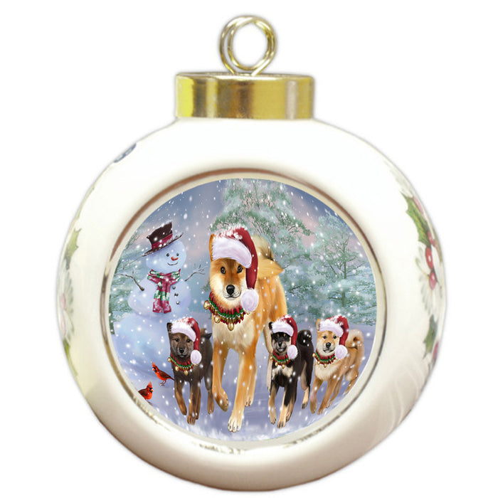 Christmas Running Family Shiba Inu Dogs Round Ball Christmas Ornament RBPOR58265