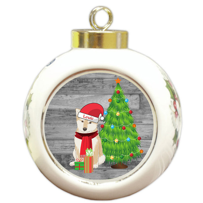 Custom Personalized Shiba Inu Dog With Tree and Presents Christmas Round Ball Ornament