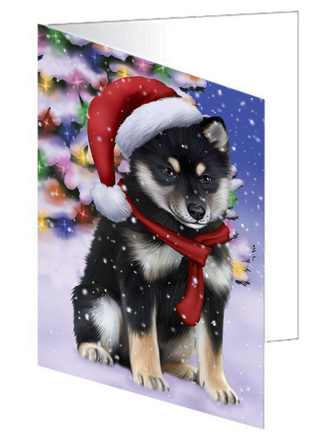 Winterland Wonderland Shiba Inu Dog In Christmas Holiday Scenic Background  Handmade Artwork Assorted Pets Greeting Cards and Note Cards with Envelopes for All Occasions and Holiday Seasons GCD64292