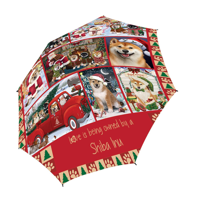 Love is Being Owned Christmas Shiba Inu Dogs Semi-Automatic Foldable Umbrella