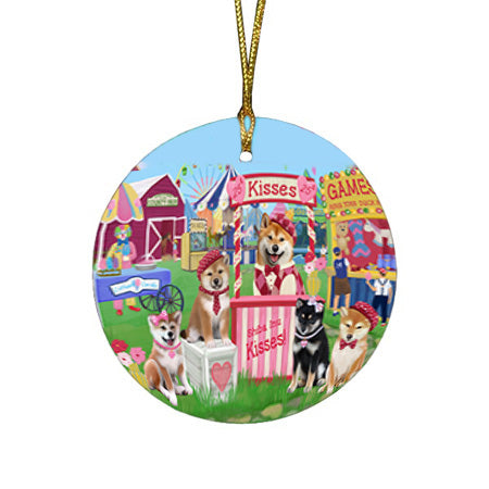 Carnival Kissing Booth Shiba Inus Dog Round Flat Christmas Ornament RFPOR56282