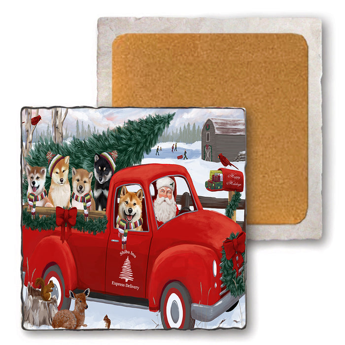 Christmas Santa Express Delivery Shiba Inus Dog Family Set of 4 Natural Stone Marble Tile Coasters MCST50068