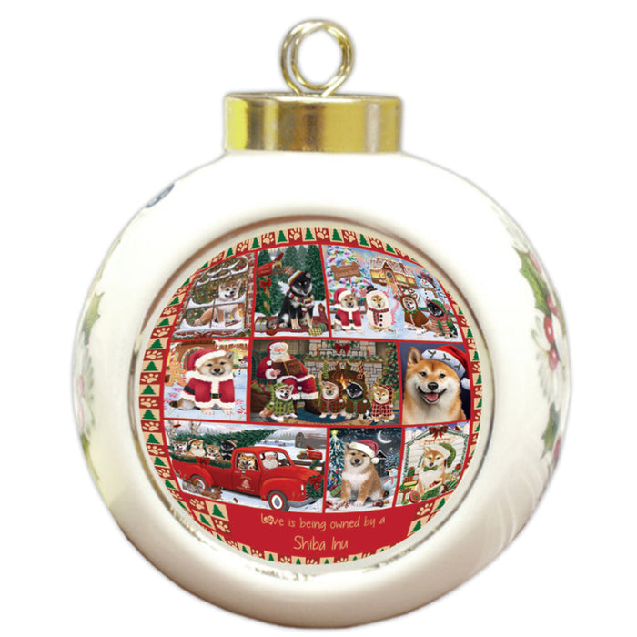 Love is Being Owned Christmas Shiba Inu Dogs Round Ball Christmas Ornament RBPOR58413