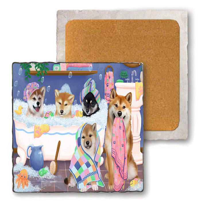 Rub A Dub Dogs In A Tub Shiba Inus Dog Set of 4 Natural Stone Marble Tile Coasters MCST51823