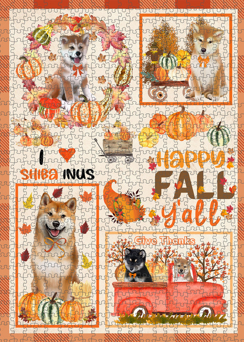 Happy Fall Y'all Pumpkin Shiba Inu Dogs Portrait Jigsaw Puzzle for Adults Animal Interlocking Puzzle Game Unique Gift for Dog Lover's with Metal Tin Box