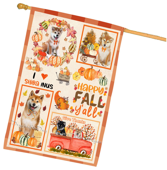 Happy Fall Y'all Pumpkin Shiba Inu Dogs House Flag Outdoor Decorative Double Sided Pet Portrait Weather Resistant Premium Quality Animal Printed Home Decorative Flags 100% Polyester