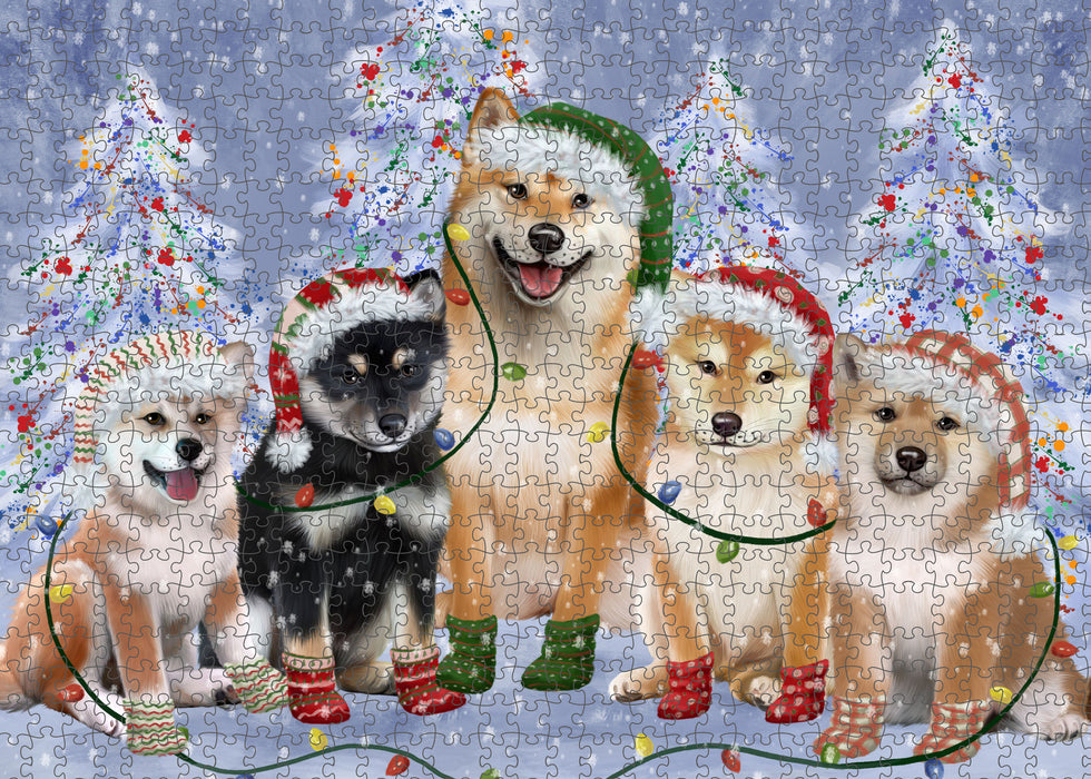 Christmas Lights and Shiba Inu Dogs Portrait Jigsaw Puzzle for Adults Animal Interlocking Puzzle Game Unique Gift for Dog Lover's with Metal Tin Box