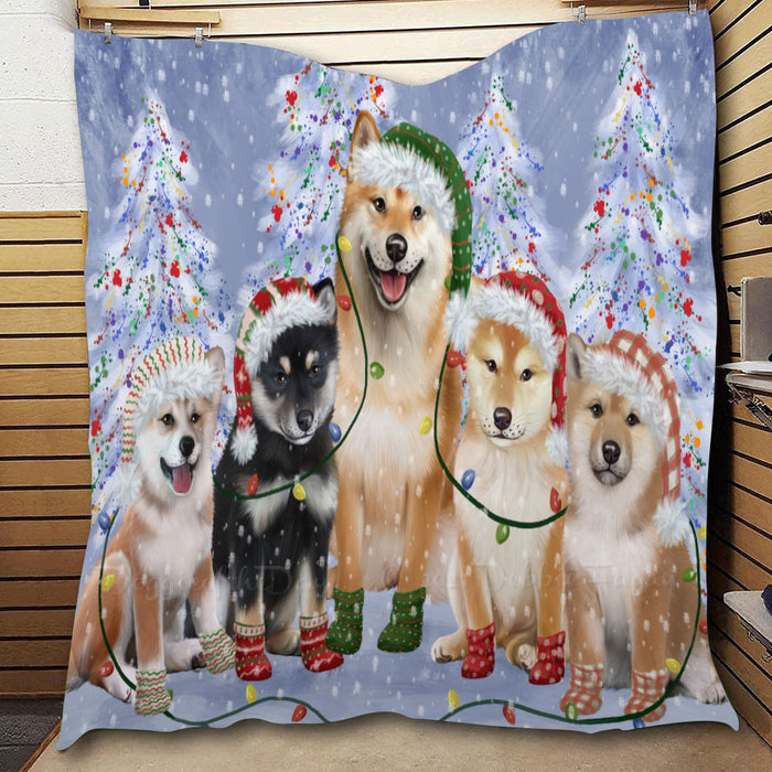 Christmas Lights and Shiba Inu Dogs  Quilt Bed Coverlet Bedspread - Pets Comforter Unique One-side Animal Printing - Soft Lightweight Durable Washable Polyester Quilt