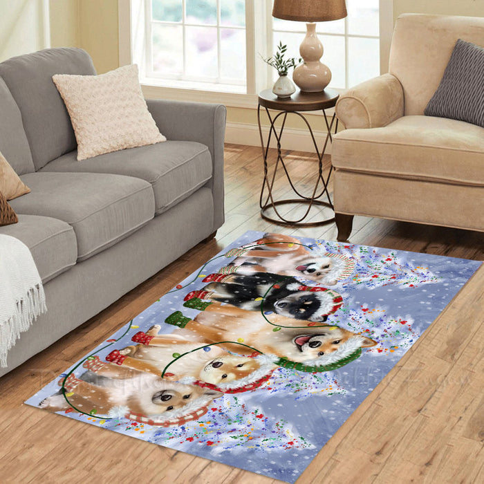 Christmas Lights and Shiba Inu Dogs Area Rug - Ultra Soft Cute Pet Printed Unique Style Floor Living Room Carpet Decorative Rug for Indoor Gift for Pet Lovers