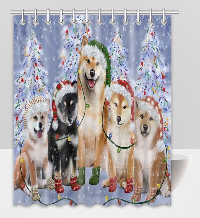 Christmas Lights and Shiba Inu Dogs Shower Curtain Pet Painting Bathtub Curtain Waterproof Polyester One-Side Printing Decor Bath Tub Curtain for Bathroom with Hooks