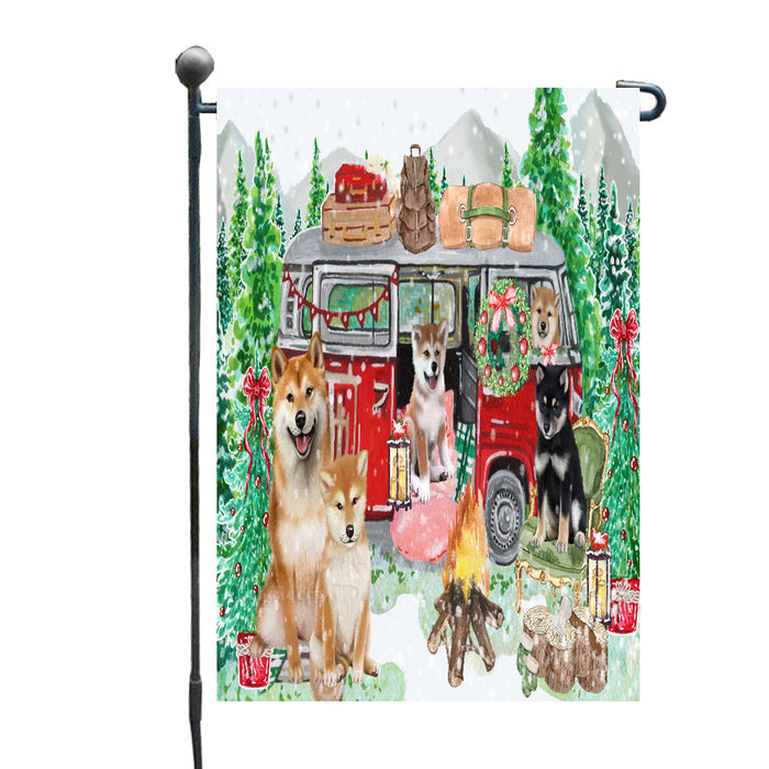 Christmas Time Camping with Shiba Inu Dogs Garden Flags- Outdoor Double Sided Garden Yard Porch Lawn Spring Decorative Vertical Home Flags 12 1/2"w x 18"h