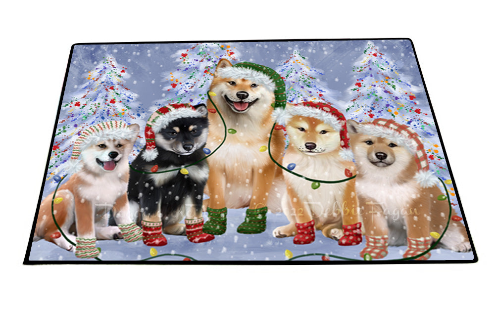 Christmas Lights and Shiba Inu Dogs Floor Mat- Anti-Slip Pet Door Mat Indoor Outdoor Front Rug Mats for Home Outside Entrance Pets Portrait Unique Rug Washable Premium Quality Mat